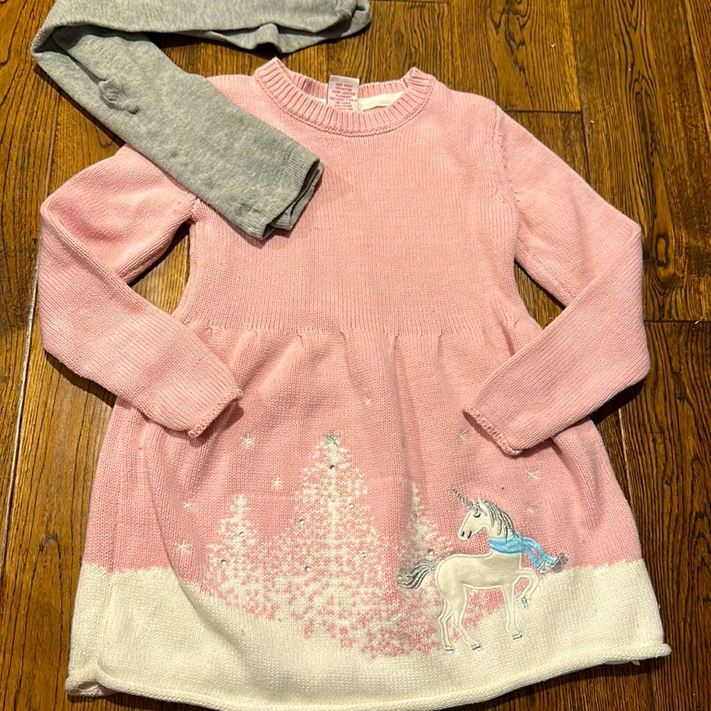Pink Unicorn Winter Dress with Leo’s small 5/6